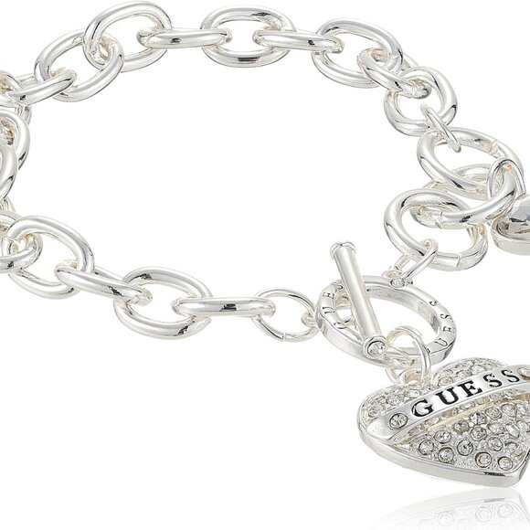 Women's Silvertone Chain Heart Charm Bracelet Toggle Dangle Jewelry Accessory - Picture 1 of 2
